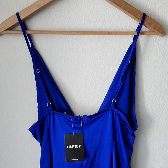 Forever 21 Royal Blue Maxi Slip Sheath Dress Cami Straps High Slit Sz L NWT - Picture 8 of 16